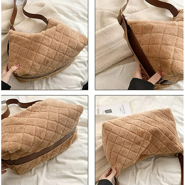 Pikadingnis Tote Bag Women Cozy Fuffy Faux Fur Plush Fashionable Shoulder Bag Quilted Casual Soft Stachel Bag Handbag, Adult Unisex, Size: One size