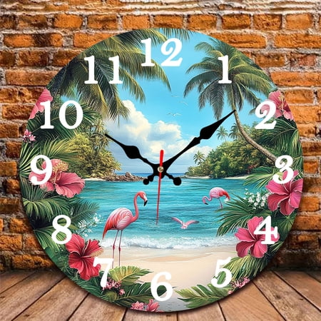 12 Inch Wall Clock, Tropical Beach Wooden Round Wall Clocks with Silent Non Ticking Quartz photo 12 Inch Wall Clock, Tropical Beach Wooden Round Wall Clocks with Silent Non Ticking Quartz image