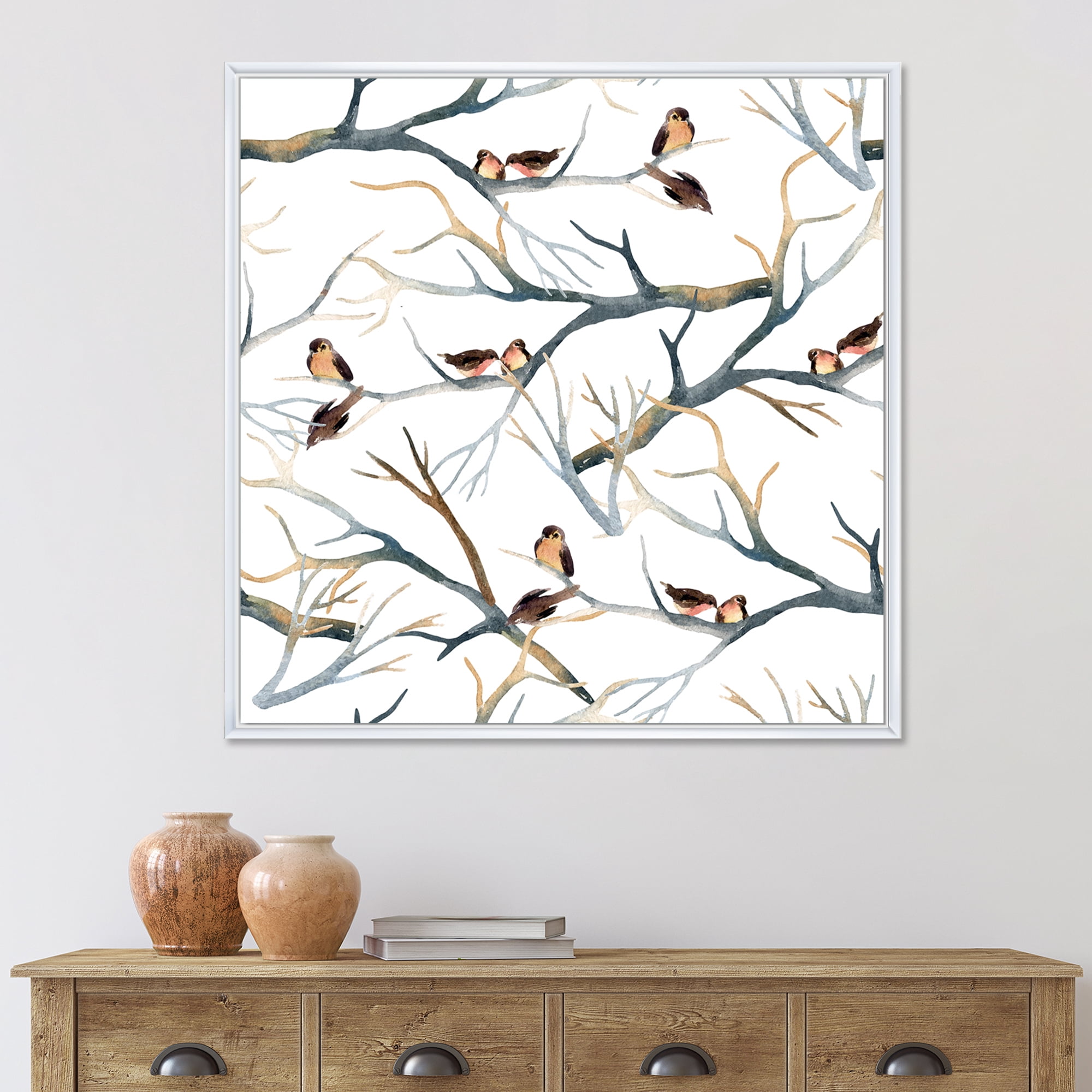 Designart 'Little Birds Sitting On The Tree Branches I' Traditional Framed Canvas Wall Art Print