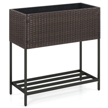 Aimee Lii Wicker Raised Garden Bed with Storage Shelf and Removable Liner for Flowers, Patio Plant Stand for Outdoor Garden