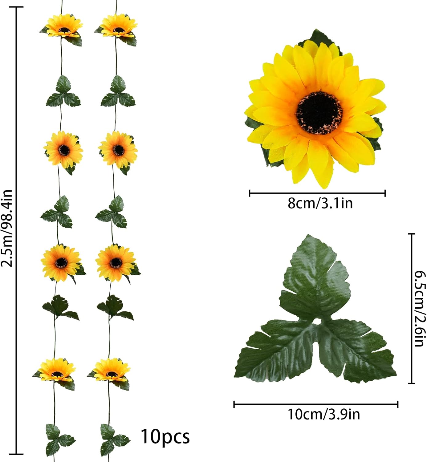 10pcs Sunflower Garland Artificial Flowers, 8.2ft/Pcs Silk Sunflowers with Green Leaves, Flowers Vines for Room Home Kitchen Garden Wedding Arch Party Decor