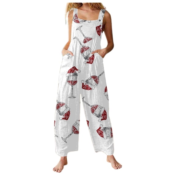 Women Christmas Outfit Stylish Women's Festive Holiday Casual Jumpsuit Featuring Allover Print Design and Convenient Side Pockets for Everyday Comfort White XL