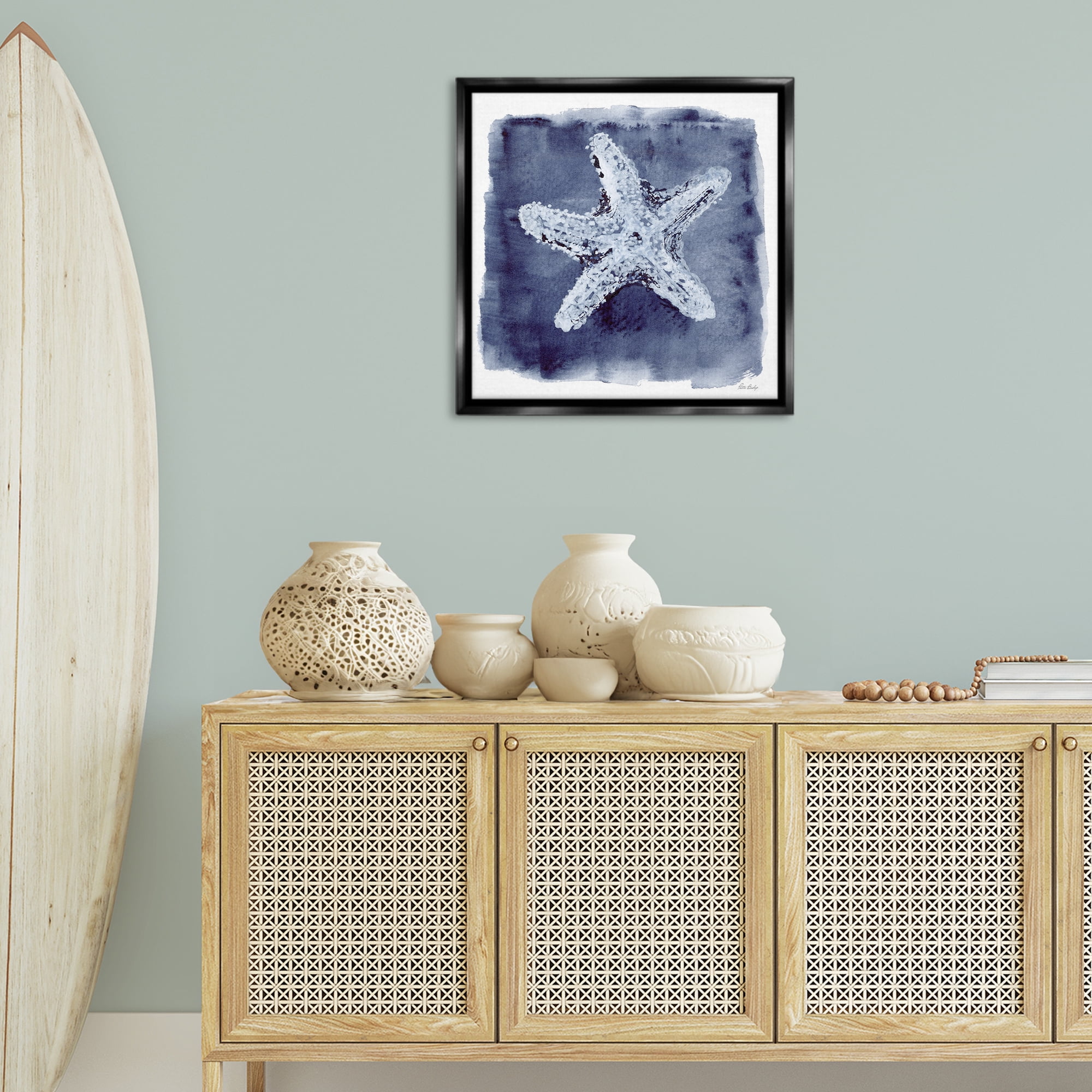 Stupell Industries Starfish Blue Impression Animals Painting Black Floater Framed Canvas Art Print Wall Art, 25 x 25