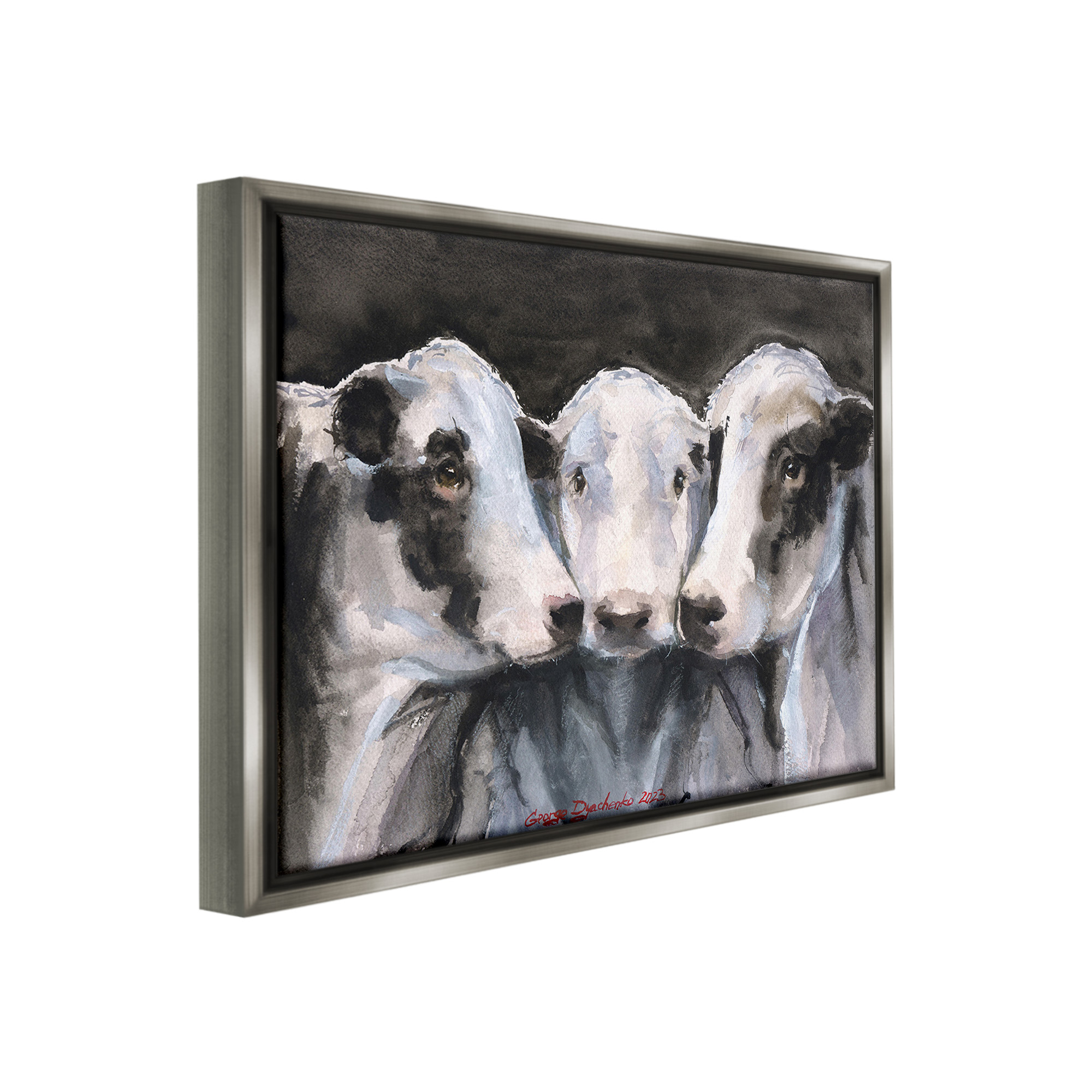 Stupell Industries Cow Trio Painting Animals & Insects Painting Gray Floater Framed Canvas Art Print Wall Art, 21 x 17