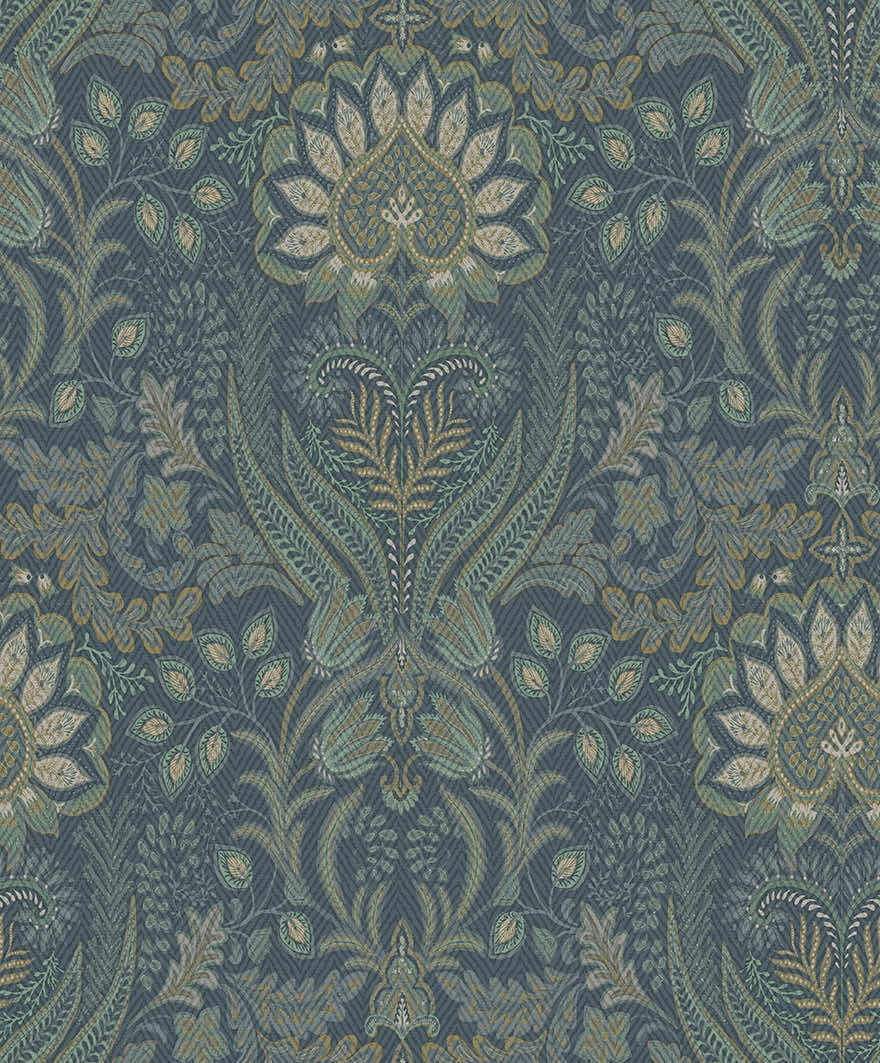 Blue Orange Bold Paisley Design Metallic Damask Wallpaper R8438