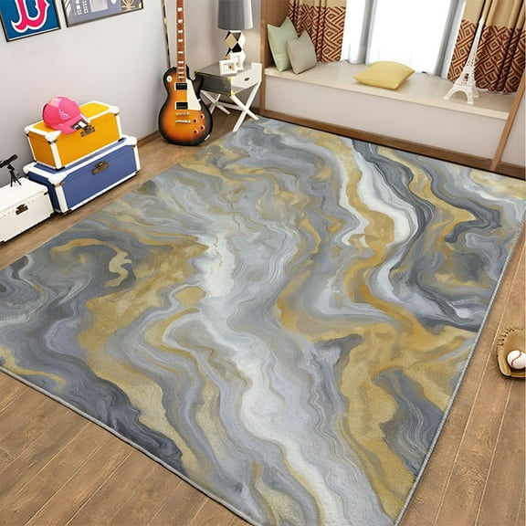 Living Room Area Rugs, Marble Abstract Wave Texture Printed Design Carpet, Grayish Gold Washable Rectangle Rug, Soft Short Pile Carpet For Bedroom Dining Room Non-Slip Rug