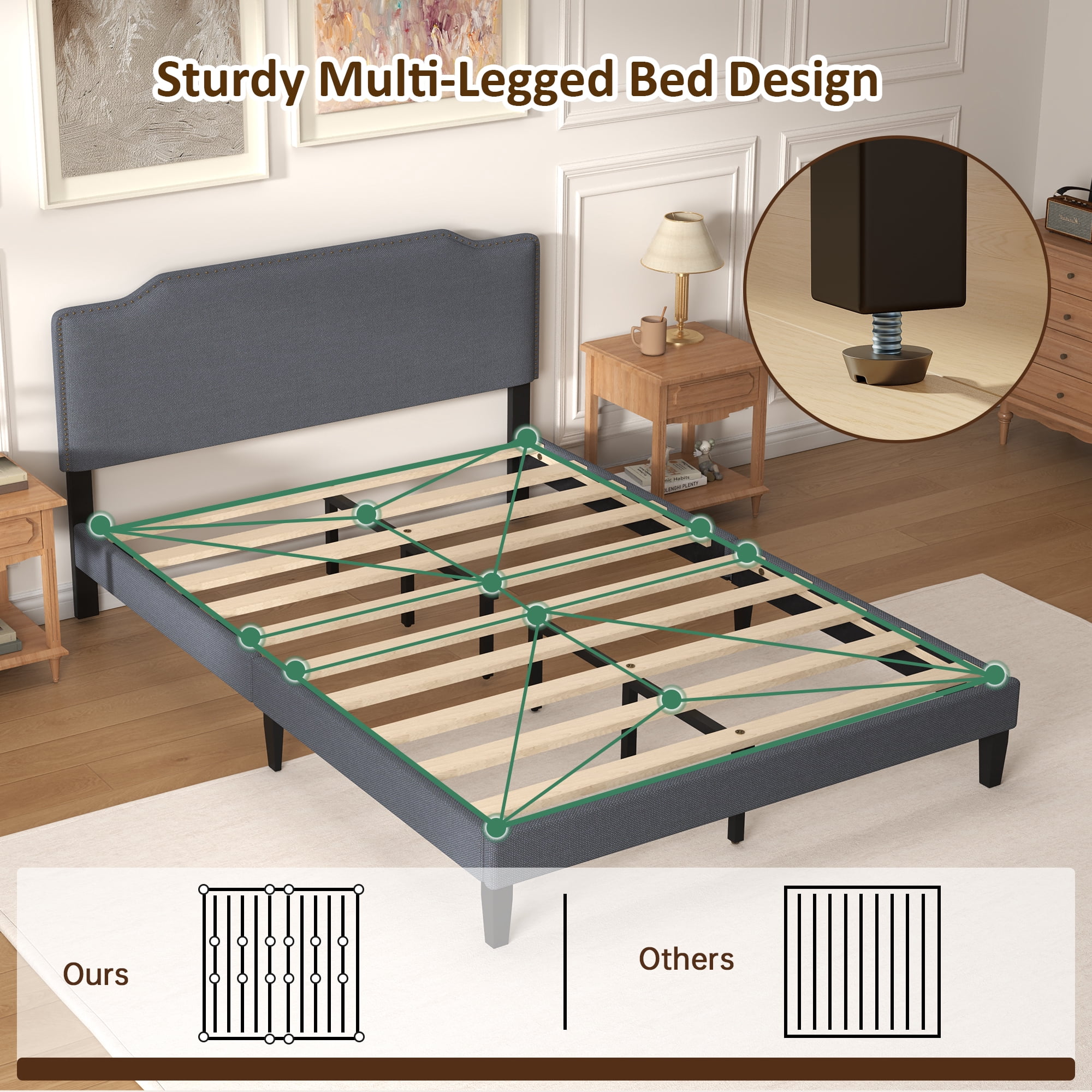 Pingliang Home Queen Size Bed Frame with Adjustable Headboard, Rivet Decoration Upholstered Headboard, Easy to Assemble, Noise Free,Dark Gray