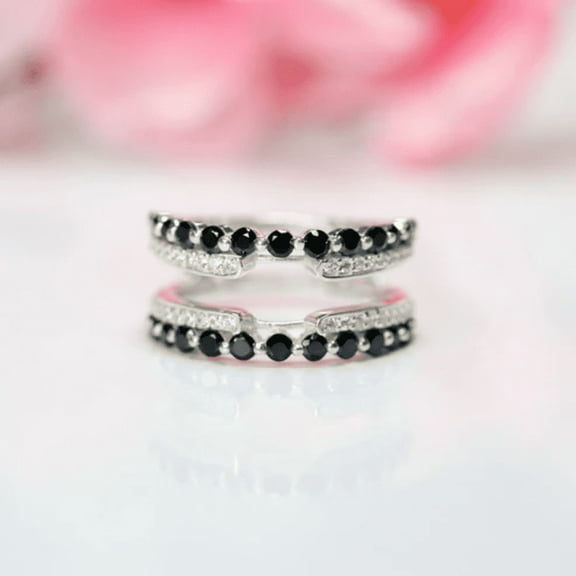 0.60Ct Black Onyx and White Diamond Cathedral Ring Guard- Wedding ring Enhance in 925 Sterling Silver