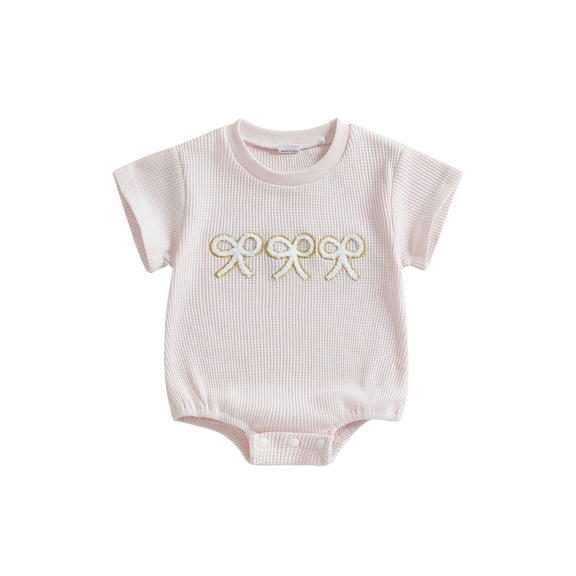 Suealasg Baby Girls Summer Sweet Romper Pink Short Sleeve Round Neck Bow Embroidery Bodysuit