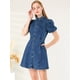 thumbnail image 2 of Mini vestido vaquero de mezclilla con botones en la parte delantera y manga corta abullonada para mujer Azul oscuro M, 2 of 6