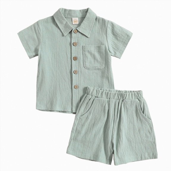 Nwiuh Toddler Baby Boy Outfits Solid Color Short Sleeve Lapel Button Shirt Shorts Summer Clothes Set(Light Green, 18-24 Months)