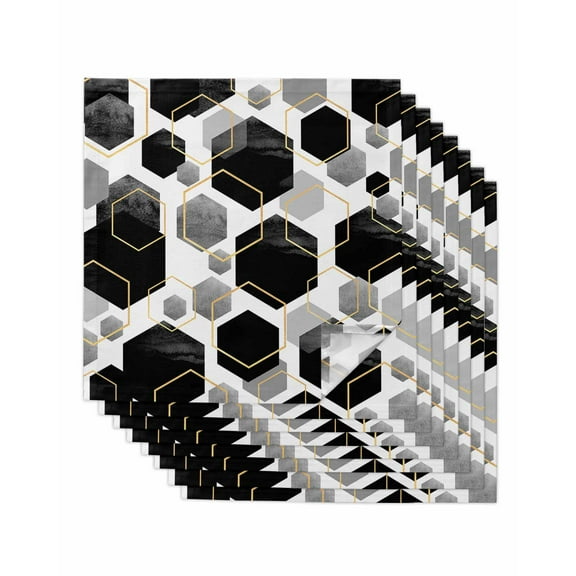 Black Grey Cloth Napkins Washable Set of 8, Geometric Gold White Hexagon Modern Reusable Dinner Table Napkins Cloth Bulk for Weddings Kitchen Restaurants Hotel Events Parties 20 x 20 Inch