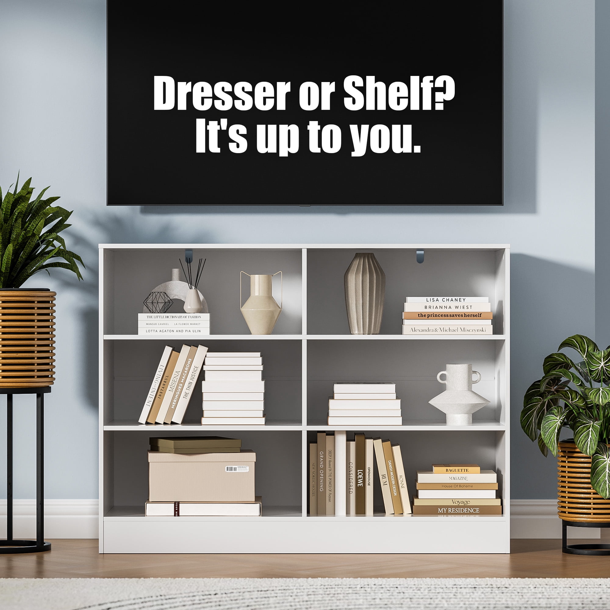 3 Tier Storage Organizer Wooden Book Shelf, 6 Cube Bookcase, 6 Removable Fabric PU Drawers Open Bookshelf, Modern Floor Standing Display Bookshelf for Living Room, Entryway, Home Office,White