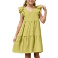 thumbnail image 4 of Jinhomg Girls Ruffle Sleeve Dress Flowy Swing Pleated Midi Dresses Casual Comfy Solid V-Neck Tiered Sundress Trendy Vacation Beach Dresses Yellow 9 Years, 4 of 9