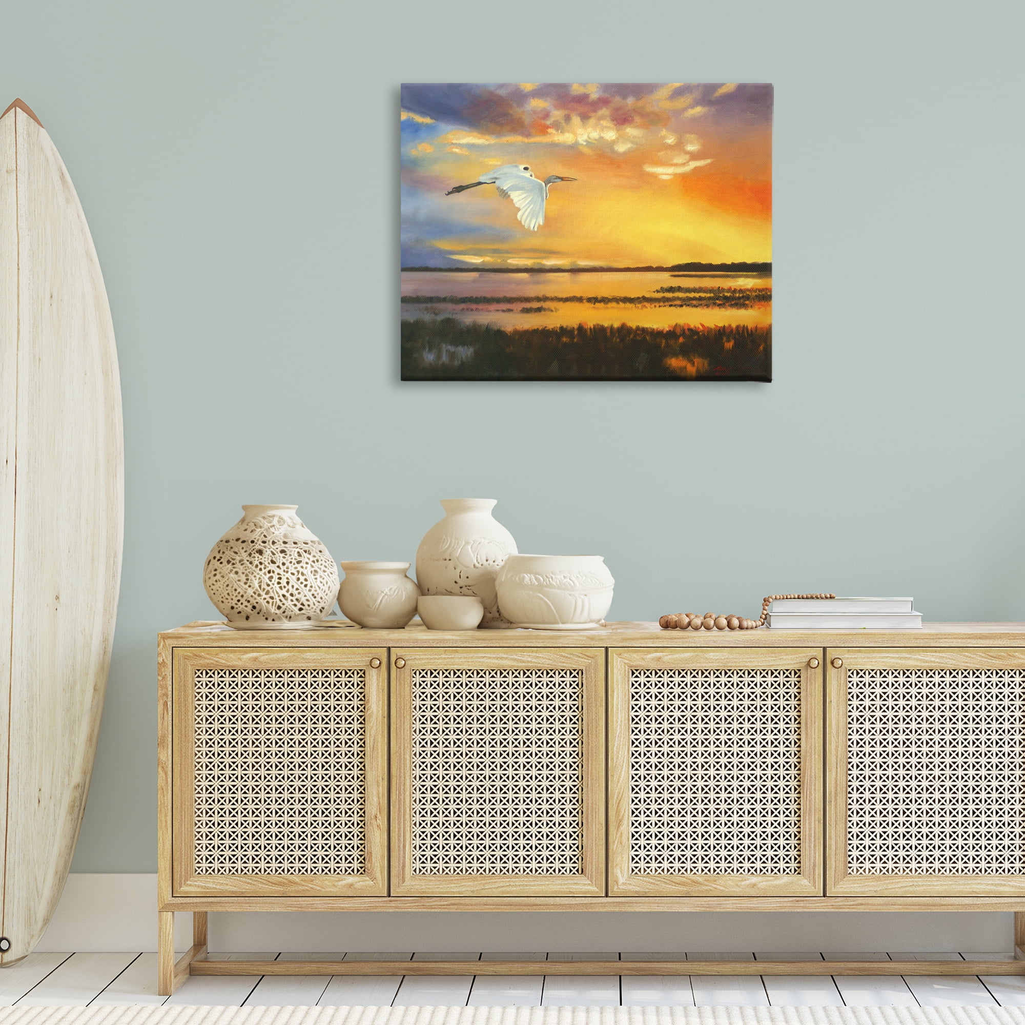 Stupell Industries Bird over Sunlit Pond Landscape Painting Gallery Wrapped Canvas Art Print Wall Art, 40 x 30