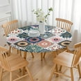 thumbnail image 3 of Boho Floral Print Vinyl Tablecloth with Elastic 44 Inch Fits 38 to 42 Round Tables Liquid Resistant Patio Kitchen, 3 of 7