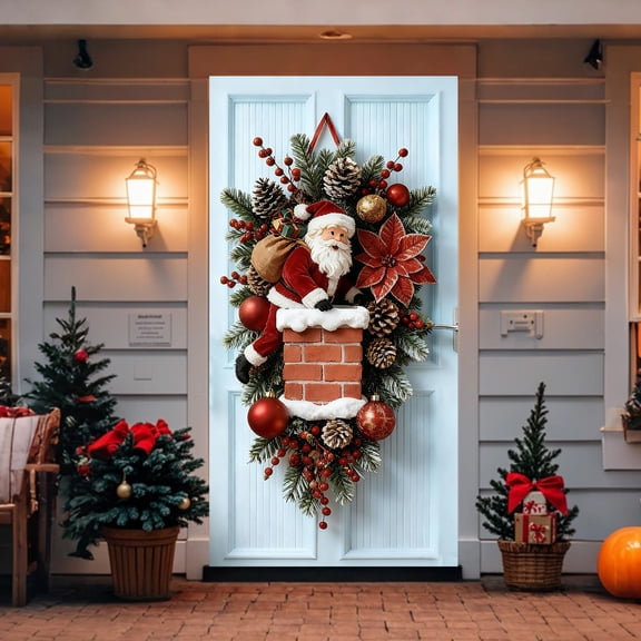 Chanana Christmas Door Cover Santa Claus Banner 35x71" Festive Snowman Wreath Backdrop Winter Front Door Hanging Banner Ornament Seasonal Porch Entryway New Year Decoration Photography Background
