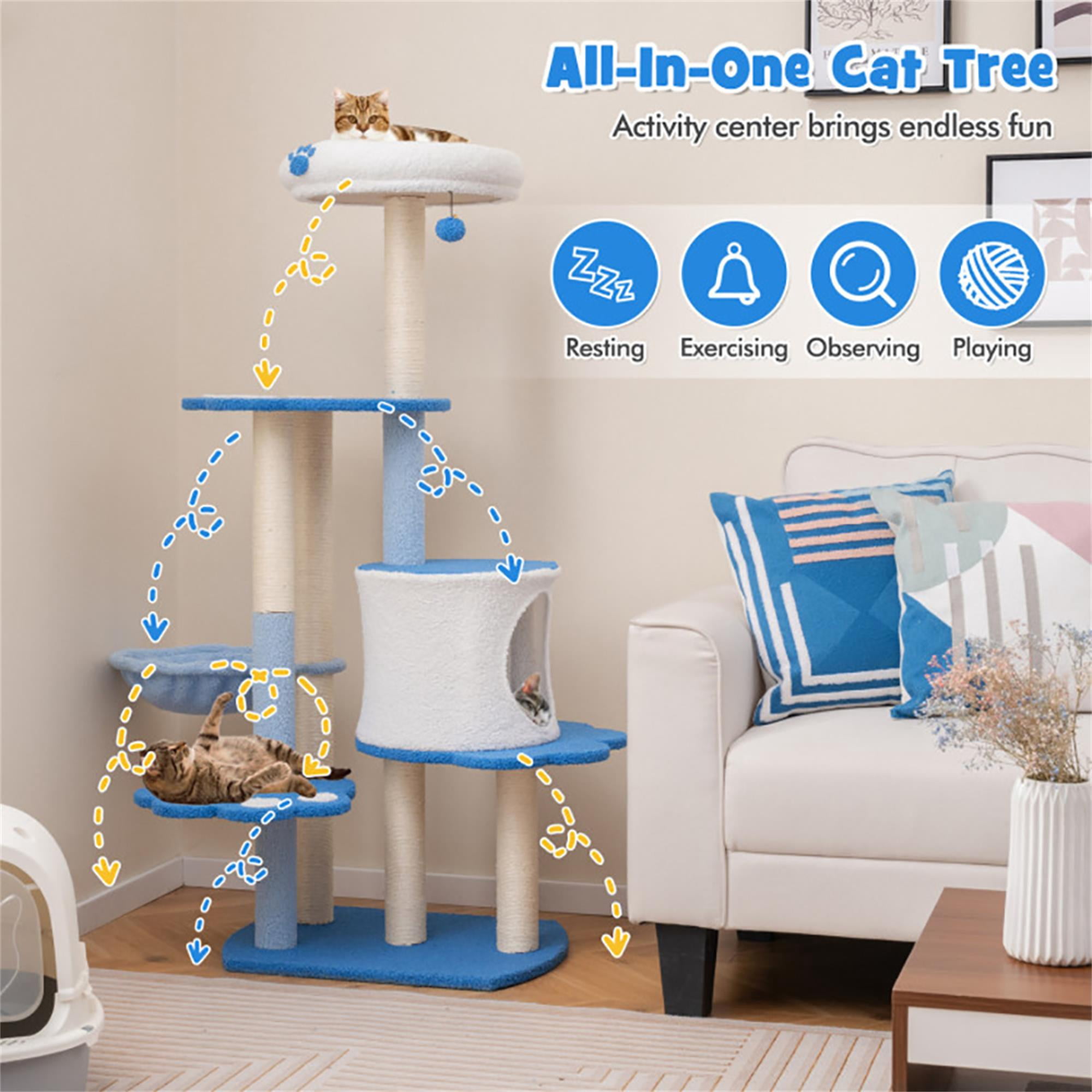 resenkos 54" Cat Tree Tower, Cat Condo for Indoor Cats with Padded Plush Perch, Cat House with Basket Scratching Board Post, Blue
