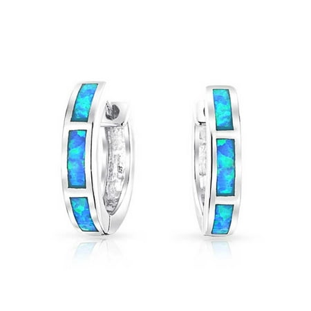 Blue Created Opal Inlay Iridescent Huggie Hoop Earrings For Women 925 Sterling Silver October Birthstone