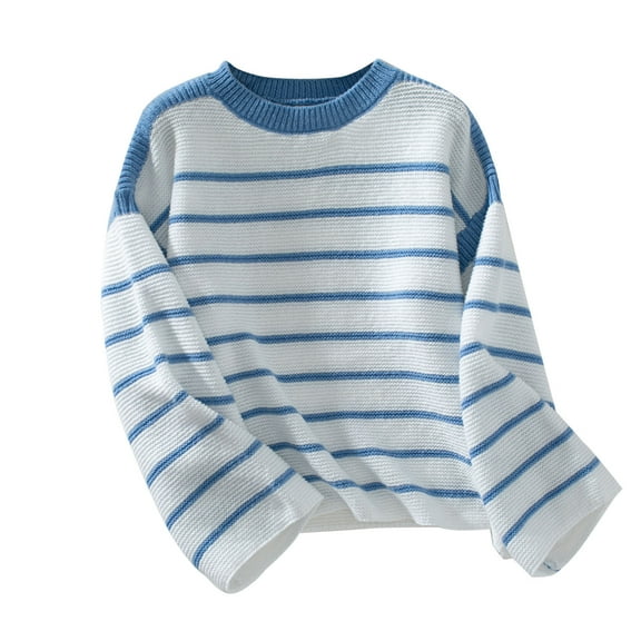 Scyoekwg Sweaters for Women Trendy Long Sleeve Warm Casual Fall Winter Clothes Knitted Sweater Crewneck Sweater Striped Pullover Tops(Light Blue,XL)