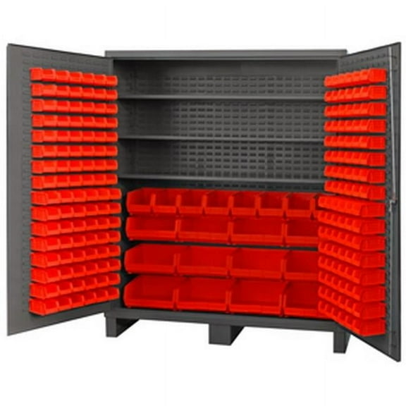 14 Gauge Flush Style Lockable Double Door Storage Cabinet with 212 Red Hook on Bins & 3 Adjustable Shelves, Gray - 72 in.
