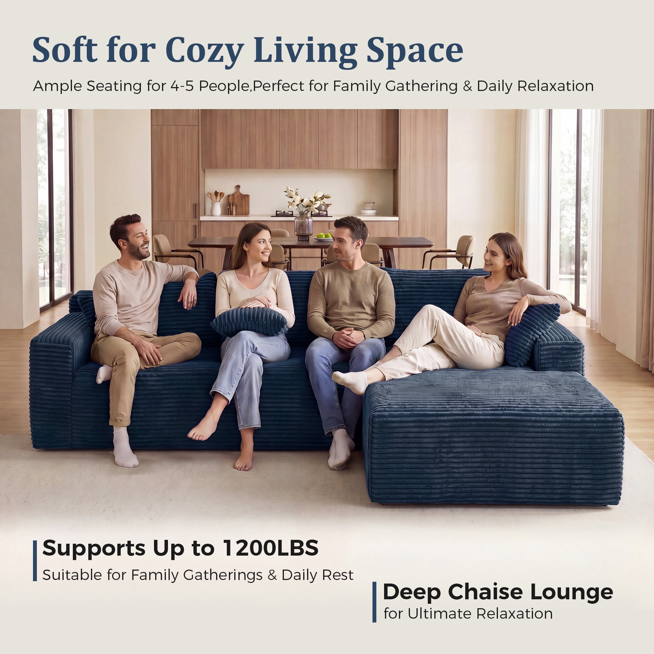 Aenkyo 95 Inch Corduroy L-Shaped Modular Sectional Sofa, Right Chaise, Blue