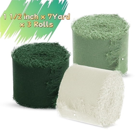 Christmas Chiffon Satin Fringe Ribbon Set, 3 Rolls – 1.5 Inch x 7 Yards, Cream & Green, Ribbon for Gift Wrapping, Crafts, and Holiday Decorations