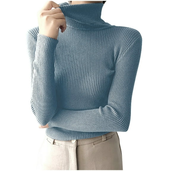 Rohuuque Women's Turtleneck Sweater Long Sleeved Base Layer Unerwear Sweater Solid Color Silm Pullover Knitted Sweater Light Blue