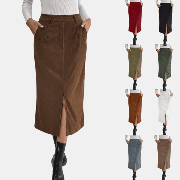 Bpmpbo Women's Corduroy A-Line Midi Skirt with Pockets and Slit, Vintage Elegant Skirt for Fall Winter Office Wear