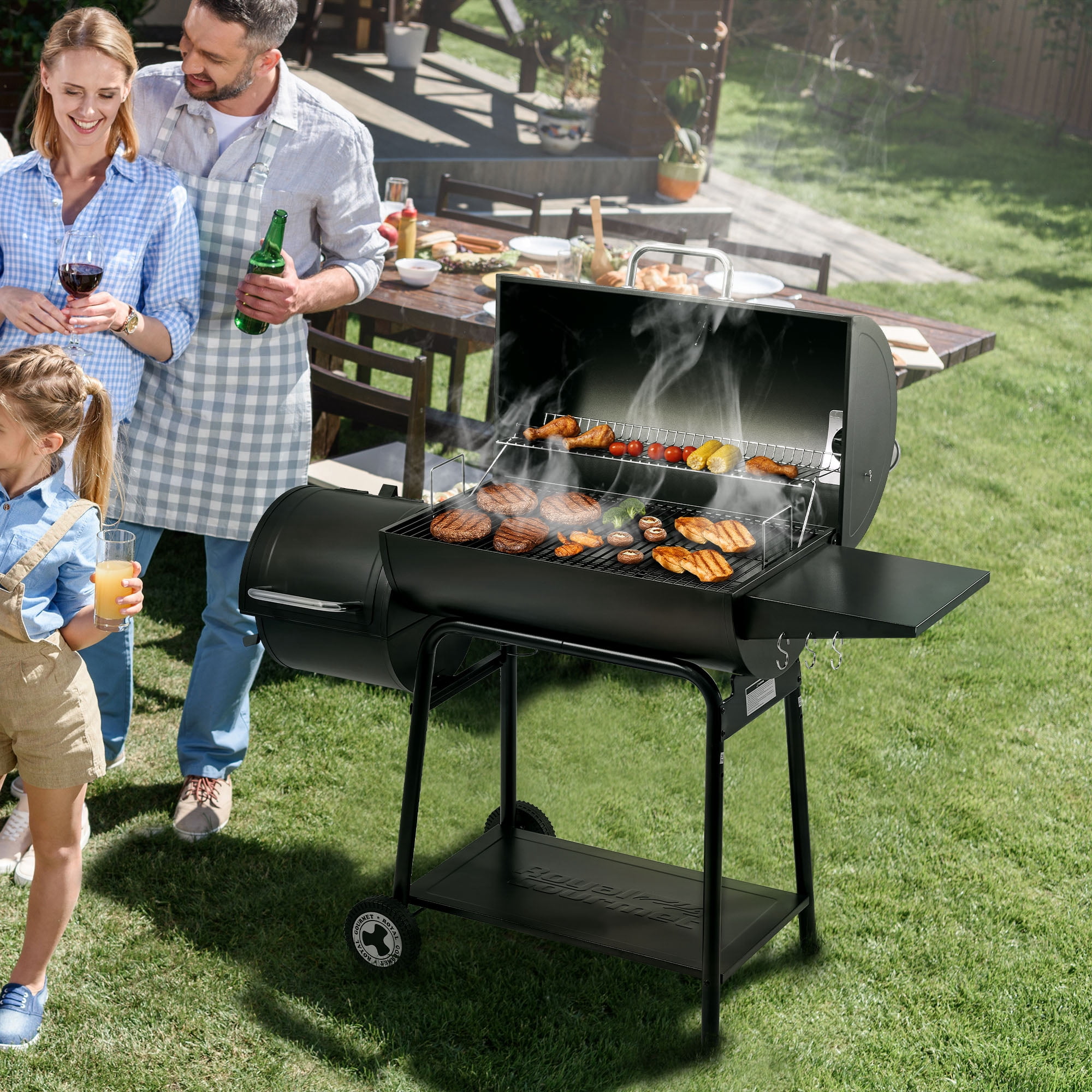 Royal Gourmet CC1830M 30-Inch Barrel Charcoal Grill with Offset Smoker, Sturdy Side Shelf with Hooks, for Outdoor Backyard, Patio and Parties, Black