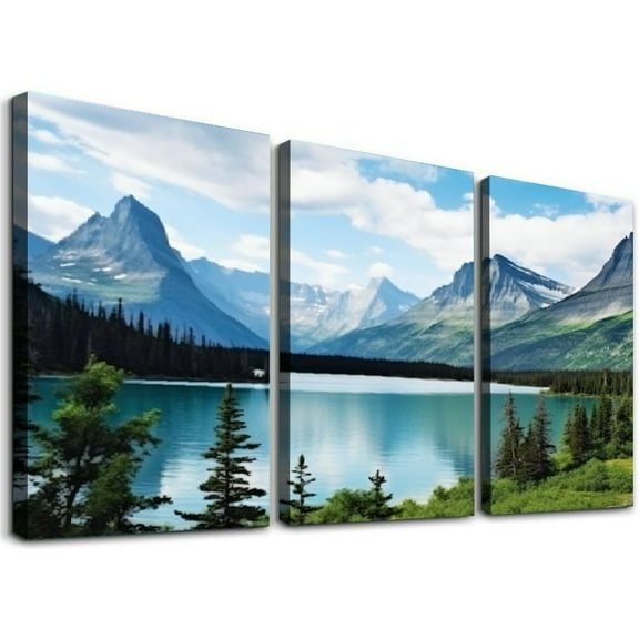 Shadudu Glacier National Park Wall Art Lake Mountains Pictures Canvas Prints Artwork for Living room Bedroom Office Ready to Hang (3 Panels 12x16in),Unframed 12x16x3pcs