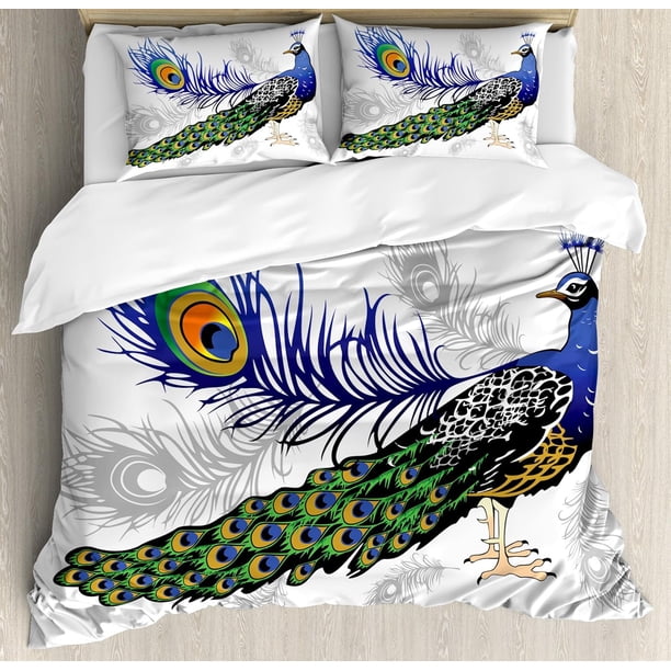 Juego de Funda Nórdica, Pavo Real Macho Plumas Primavera Salvaje Coronado Majestuoso