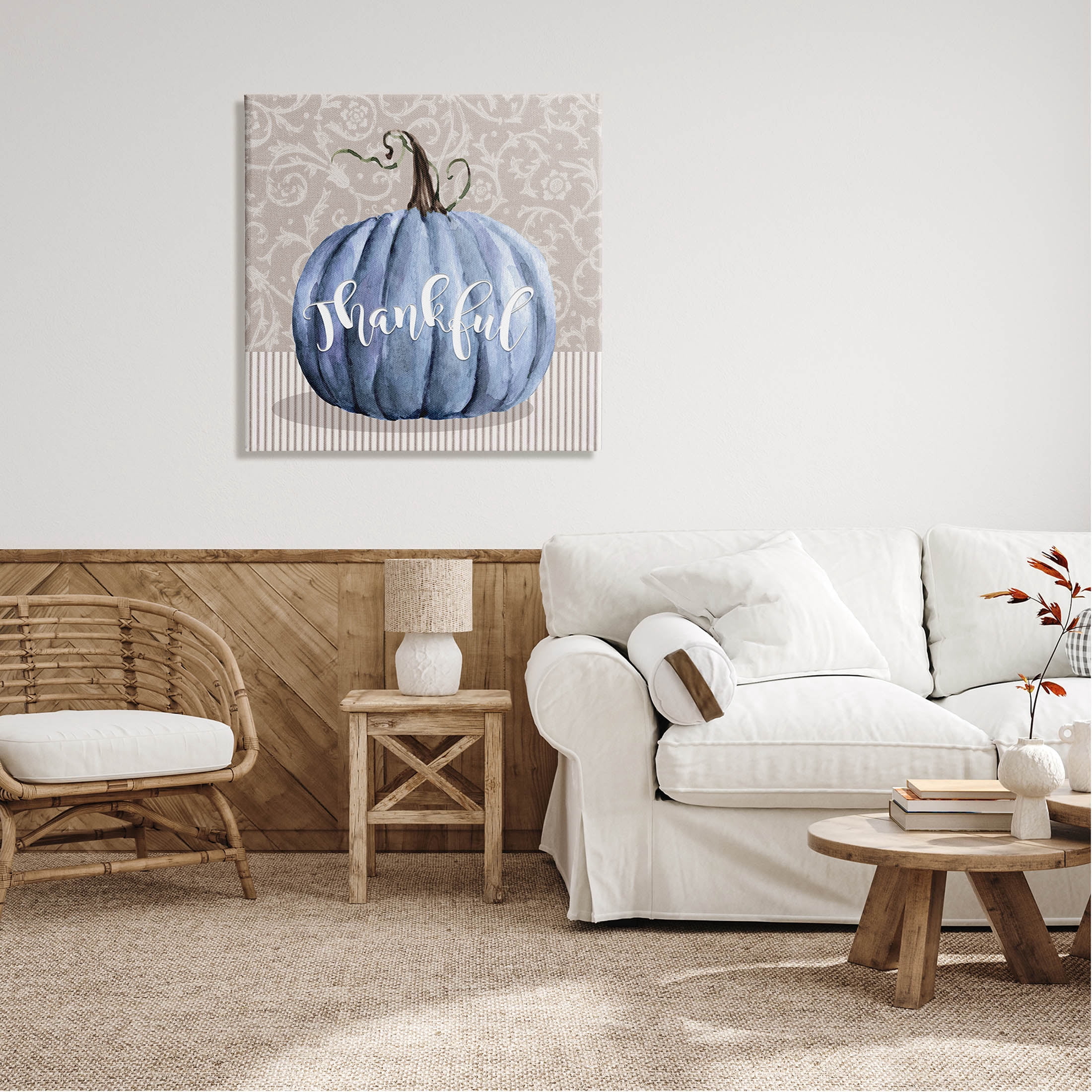 Stupell Industries Thankful Patterned Fall Pumpkin Graphic Art Gallery Wrapped Canvas Print Wall Art, Design by Livi Finn
