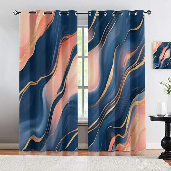 Gold Stripes Window Curtains, Abstract Marble Blackout Curtains, Gradient Blue And Pink Thermal Insulated Curtain For Bedroom Office Playroom Window Treatments 52"W x 96"L (Pack of 2)