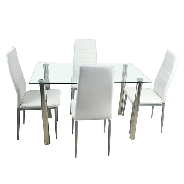 5 Pieces Dining Table Set Elegant Tempered Glass Kitchen And Chairs For 4 Upgraded Metal Frame Leather Perfect Breakfast Nook Bar Small Apartment Q7301 White Com Elegant Tempered Glass Kitchen Table, Small Nook Table And Chairs