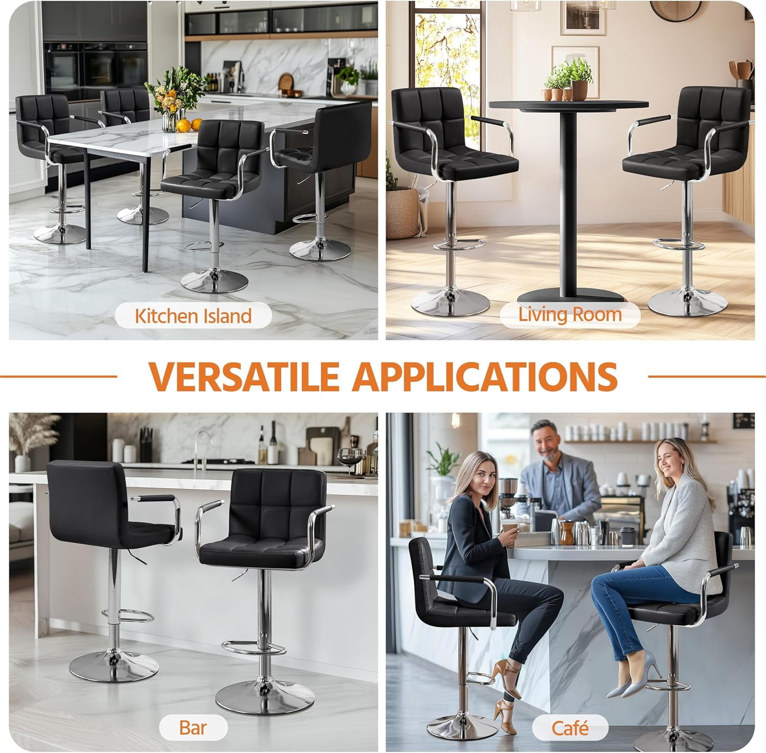 Set of 2 bar stools, suitable for kitchens, dining rooms, etc. (black)