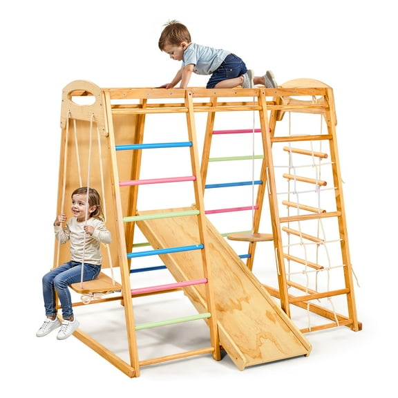 VEVOR Indoor Playground Jungle Gym, 9-in-1 Montessori Climbing Toys for Toddlers, 250LBS Wooden Indoor Playground Playset with Monkey Bar, Swings, Slide, Rope / Wooden Ladder, Climbing Net