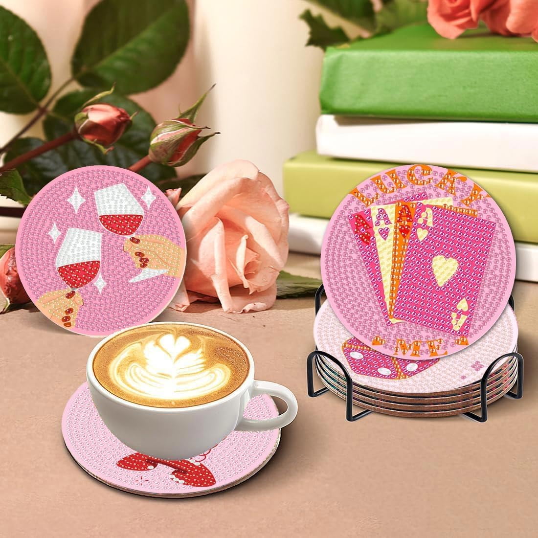 Pink Vintage Diamond Paintings Coasters Kits Set,8 Pieces Retro Funny Drinks Diamond Art Painting Coasters Kit with Holder,5D DIY Full Drill Diamonds Dot for Beginners Gift
