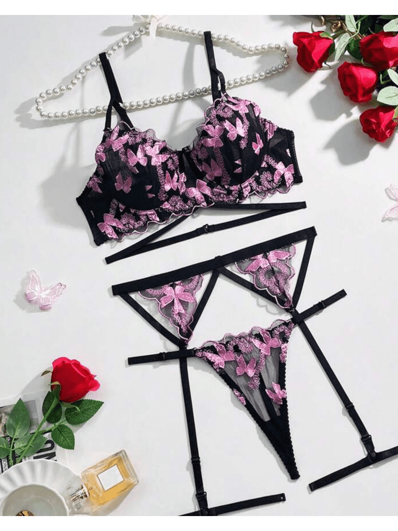 Black and Pink Lingerie Set Butterfly Embroidery Garter Belt - Walmart.com