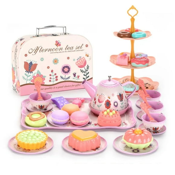 TFixol Portable Kids Tea Party Set with 46-Piece Accessories, Tin Carry Case, and Sweet Treats for Pretend Play and Gift Giving