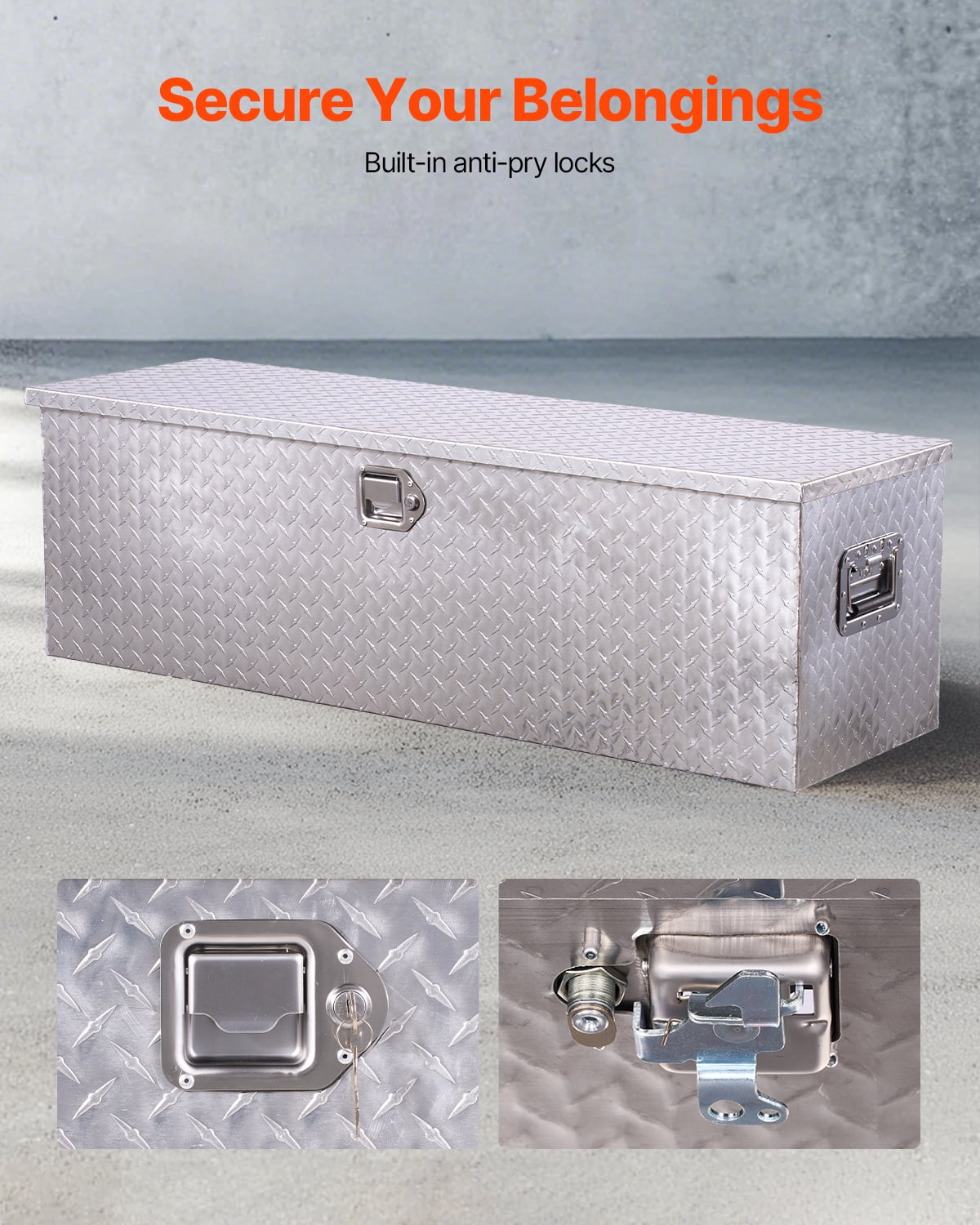 VEVOR Heavy Duty Aluminum Truck Bed Tool Box, Diamond Plate Tool Box with Side Handle and Lock Keys, Storage Toolbox Chest Organizer for Trailer, Pickup, Truck Bed, RV, 49"x15"x15", Silver