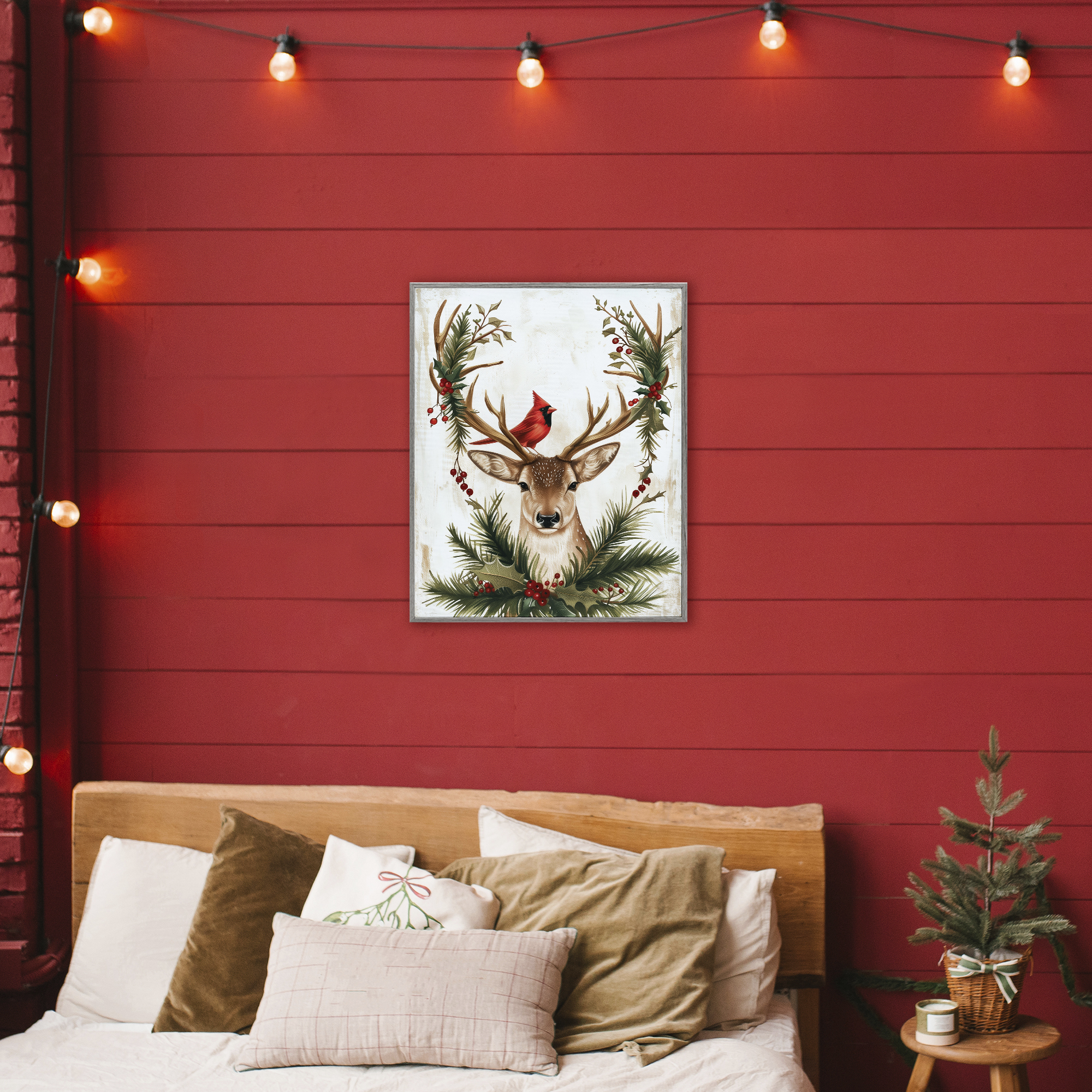 Stupell Industries Cardinal & Deer with Festive Flora Gray Framed Giclee Art, design by Acorn & Ivory Designs