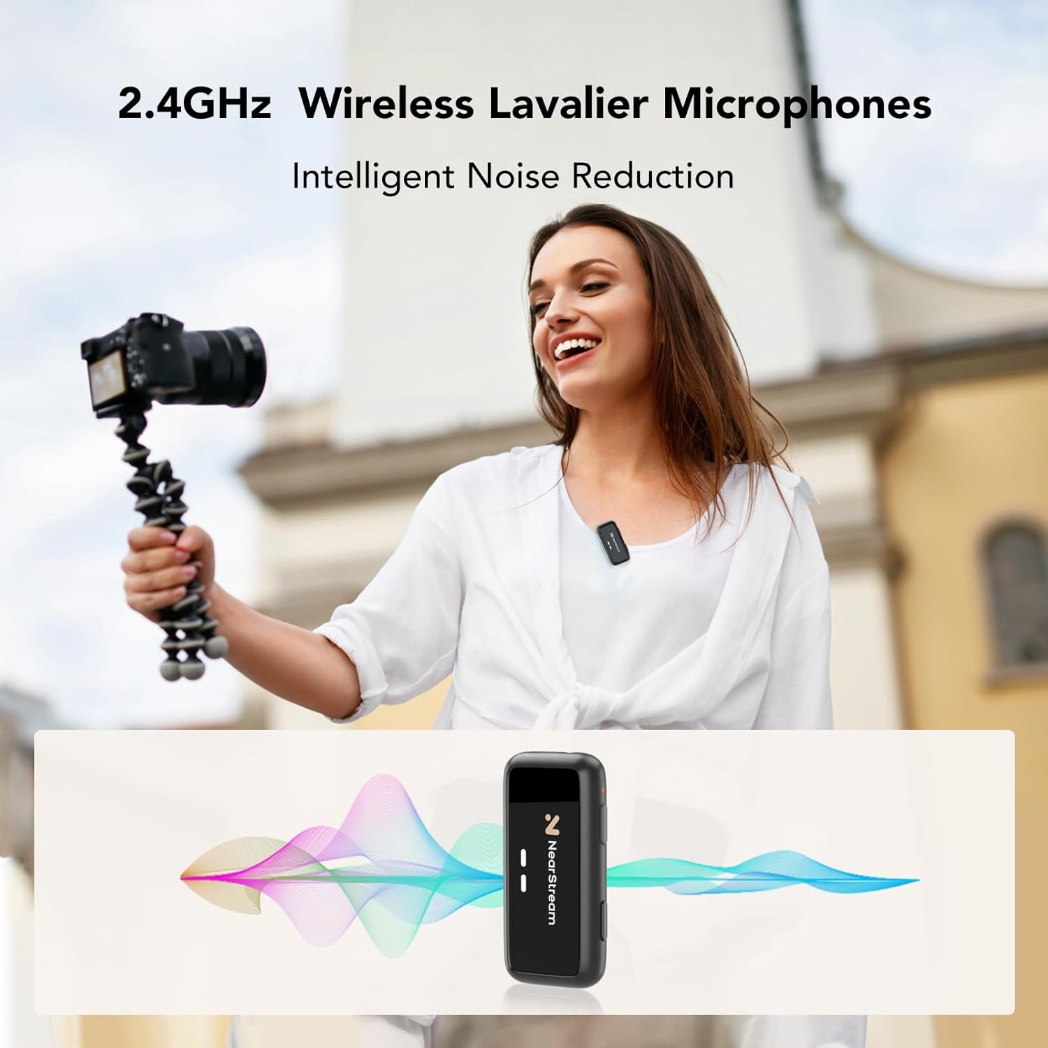 NearStream AWM20D Wireless Lavalier Microphone with Noise Cancellation, HD LCD Display,200m Transmission,7H Battery Life, Compact&Light Lapel Mic for Cameras/Smartphones/PC Vlogging/Live Streaming