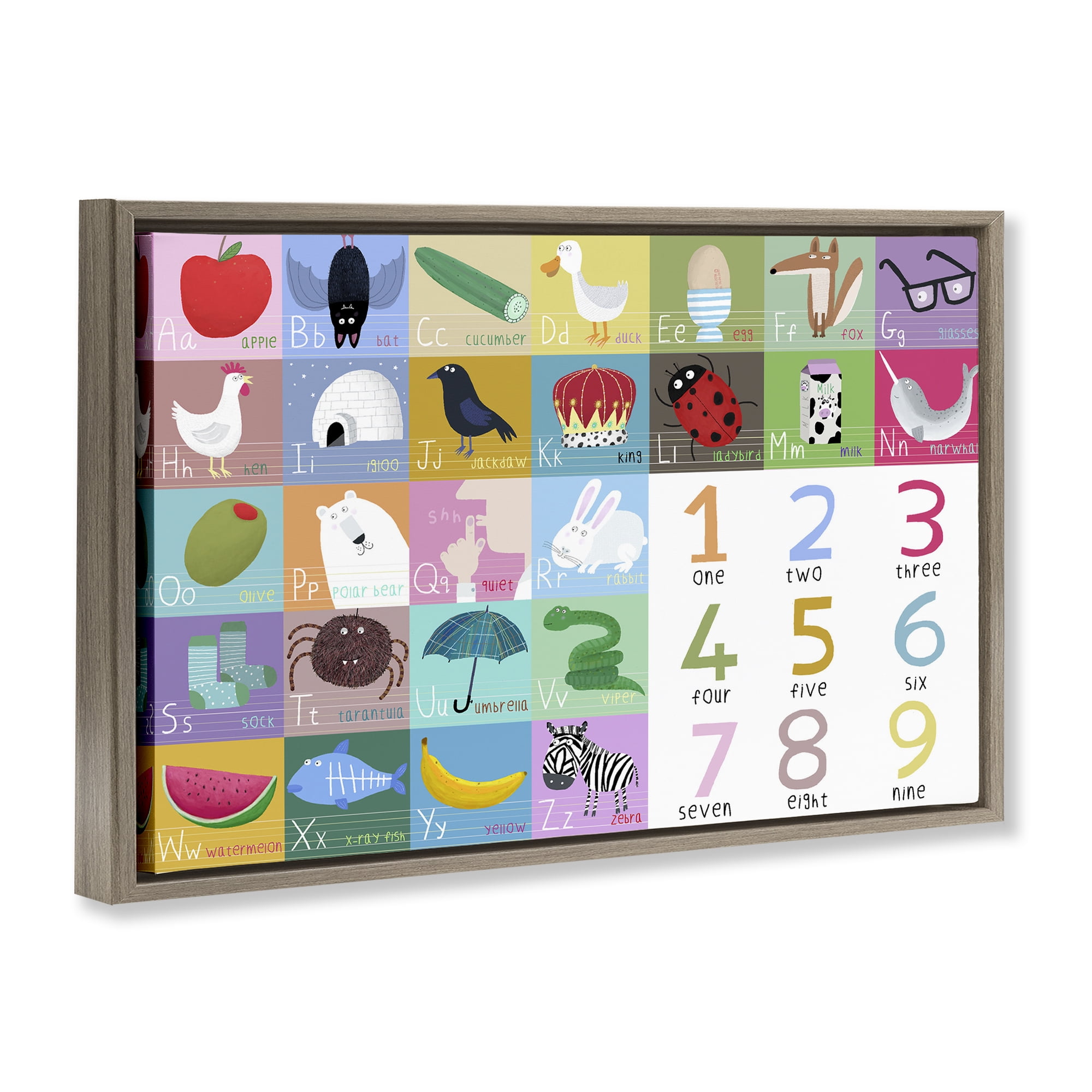 Stupell Industries Alphabet & Numbers First Words Brown Framed Floater Canvas Wall Art, design by Carla Daly
