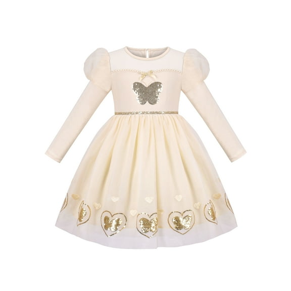 Girls Dress Beige Cream Sequin Heart Butterfly Tulle Skirt Long Sleeve 4 Years