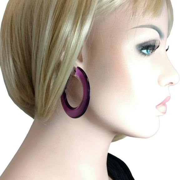 Clear Purple Lucite Wide Flat Large Bold Statement Pierced Hoop Earrings 2 1/4" Ladies Adult Female Women