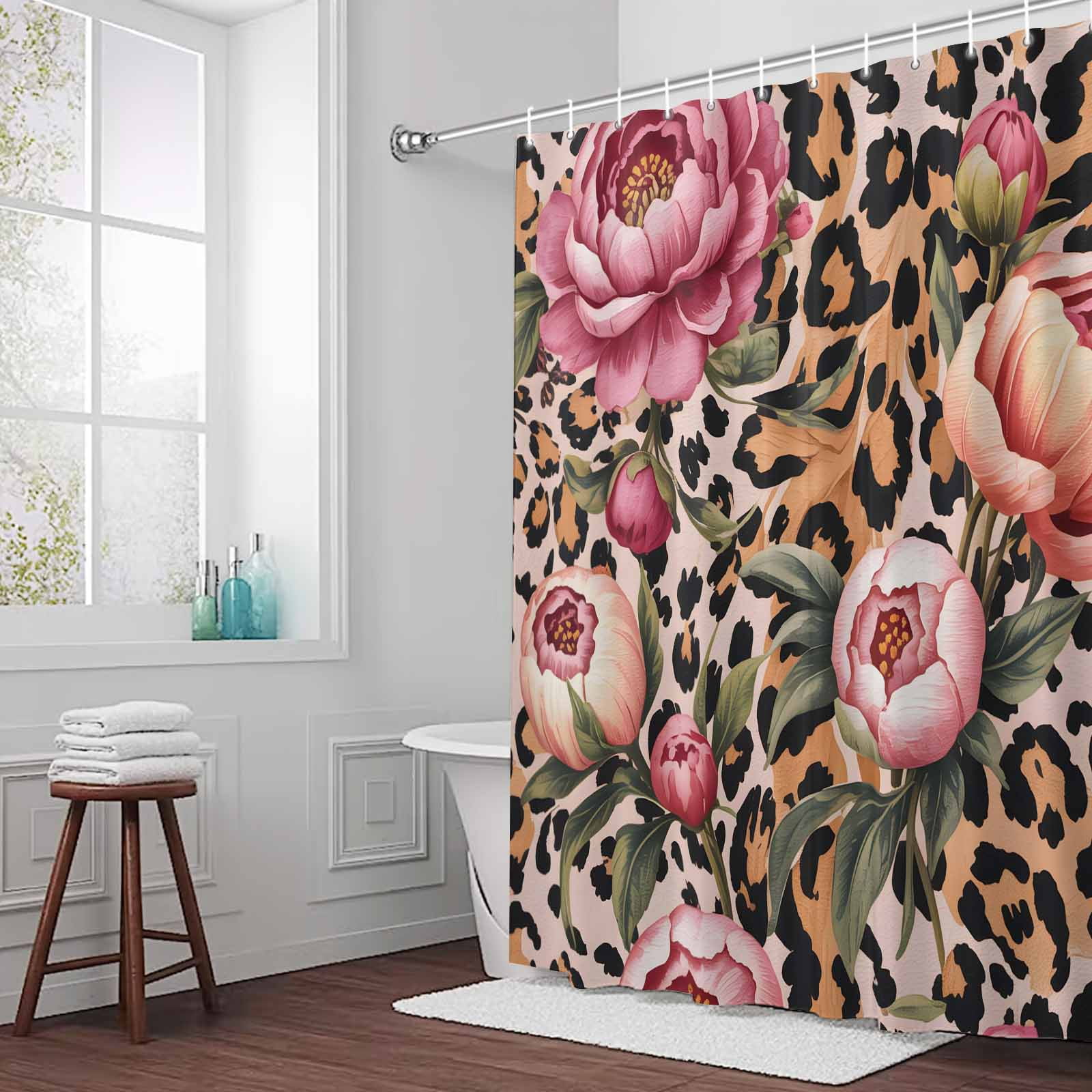 Pink Flowers Shower Curtain for Bathroom, Retro Leopard Stripes Animals Floral Plant Waterproof Cloth Fabric Bathroom Accessories Set with 12 Rust Proof Plastic Hooks, 72"x84"