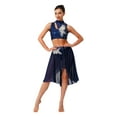 thumbnail image 3 of YiZYiF Womens 2-Piece Dance Outfits for Figure Skating Lyrical Dance Crop Top and Mesh Briefs Skirt Navy Blue S, 3 of 7