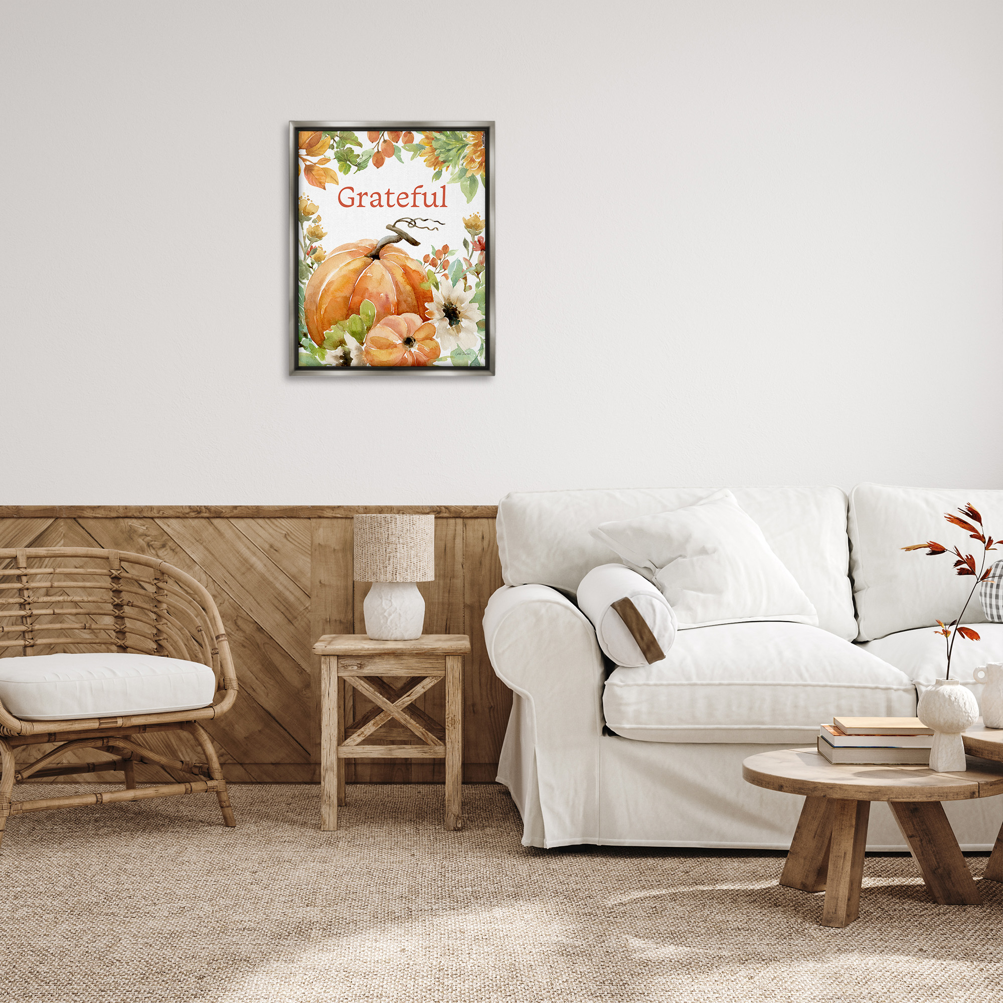 Stupell Industries Grateful Pumpkins & Flowers Holiday Painting Gray Floater Framed Canvas Art Print Wall Art, 25 x 31