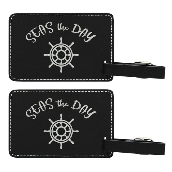ThisWear Retirement Gifts for Women Nautical Theme Seas the Day 2-pack Laser Engraved Leatherette Luggage Tags Black